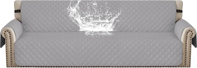Waterproof Couch Cover for Pets Large, Sofa Covers for 3 Cushion Couch Washable, Non Slip Couch Covers for Dogs with Side Pockets, Quilted Couch Covers (Oversized Sofa, Light Grey) by CYCMACOHOME