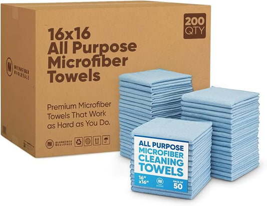 Microfiber Wholesale Bulk 16" x 16" All Purpose Towels Case Quantity (200 Count) | Large | No Fraying | High Density Microfiber | Zero Chemical Cleaner | Long-Lasting (Blue) by MicrofiberWholesale