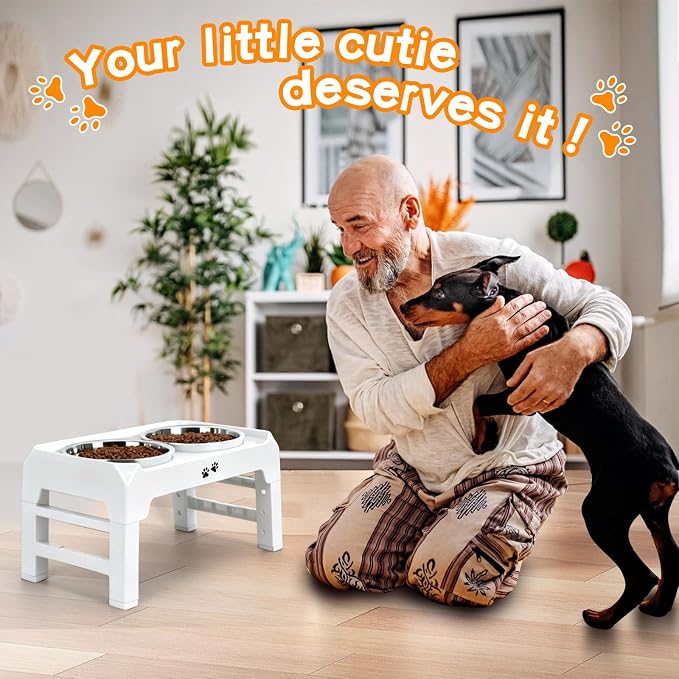 COMESOON Elevated Dog Bowls, 4 Height Adjustable Raised Bowl Stand with 2 Thick 50oz Stainless Steel Food Bowls Non-Slip Feeder Adjusts to 3.7'', 9.2'', 10.75'', 12.36'' White - Image 7