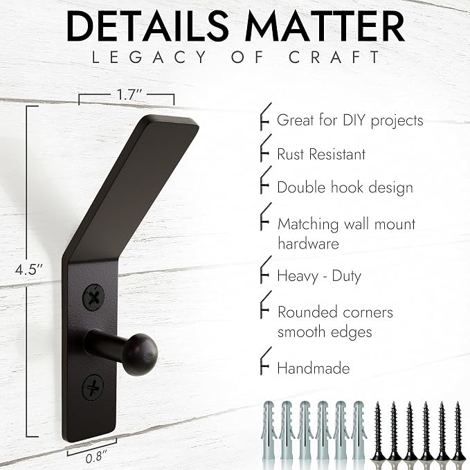RTZEN Classic Farmhouse Wall Mount Multi-Use Wrought Iron Hook Set (3 Pack) | Decorative Rustic Metal Handcrafted Bathroom, Entreyway Home Decor Hooks Suitable for Coats, Towels, Robe or Hat Hanging - Image 2