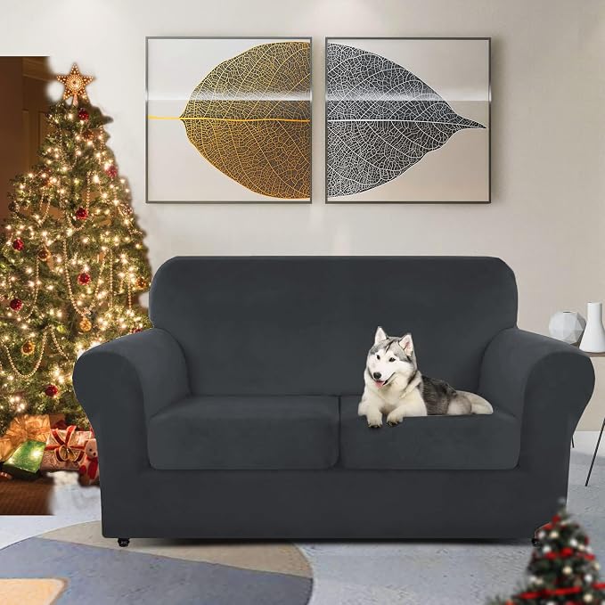 ZNSAYOTX Luxury Velvet Sofa Cover 3 Piece (57"-70") Stretch Loveseat Covers for 2 Cushion Couch Thick Soft Couch Slipcover with Non Slip Strap, Dog Pet Friendly Nice Furniture Protector (Black) - Image 2