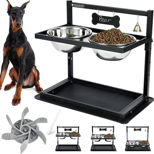 SHAINFUN Elevated Dog Bowls - Slow Feeder, Raised Stand with Two 1700ML Stainless Steel Bowls, Spill Proof Mat for Large & Medium Dogs by SHAINFUN