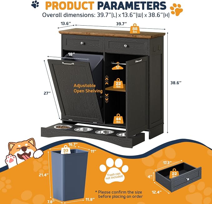 Double Door Dog Feeding Station with Storage, 10 Gallons Tilt Out Trash Can Cabinet, Dog Food Cabinet with Dog Bowls, Pet Organizer Cabinet for Kitchen/Living Room (Black, Double Door) - Image 2