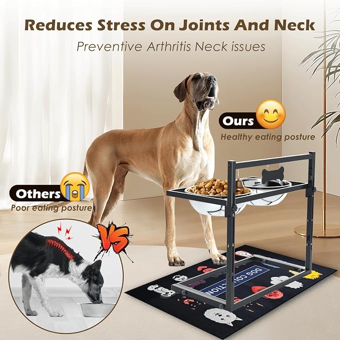 - Elevated Dog Bowls for Extra Large Dogs with Mat,Raised Dog Bowl Stand for Large Breed Adjusable Height Dog Feeder with Two 3L() Stainless Steel Dog Food Bowls - Image 2