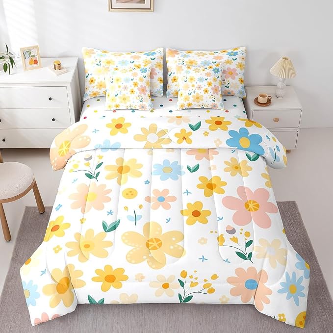 Feelyou Cute Flower 7 Piece Bedding Set Twin Size Kids Cartoon Cute Floral Bed in a Bag for Girls Teens Bright Yellow Comforter Set with Sheets Kawaii Bed Set by Feelyou
