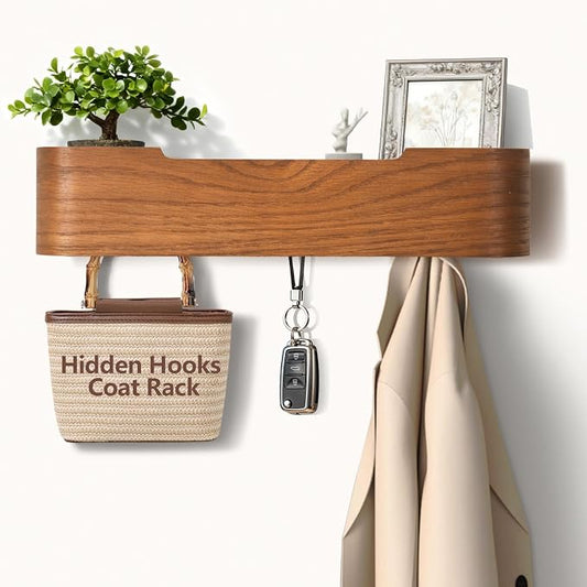 Coat Rack Wall Mount with Hidden Hooks Modern Key Holder Wood Entryway Hook with Shelf for Bedroom Kitchen Hallway Bathroom Designed for Hanging Coats Hats Bags Towel Dog Leashe(Walnut,4 Hooks) by Jadoxy