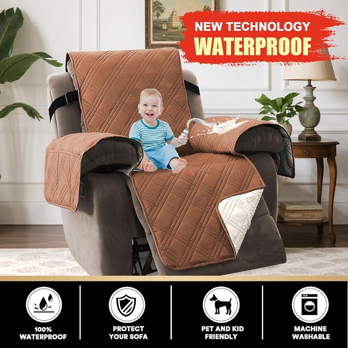 PrinceDeco Recliner Cover 100% Waterproof Couch Cover Sofa Cover for Living Room Water Resistant Furniture Protector with Elastic Straps for Pets Dog(Recliner28,Terracotta) - Image 3