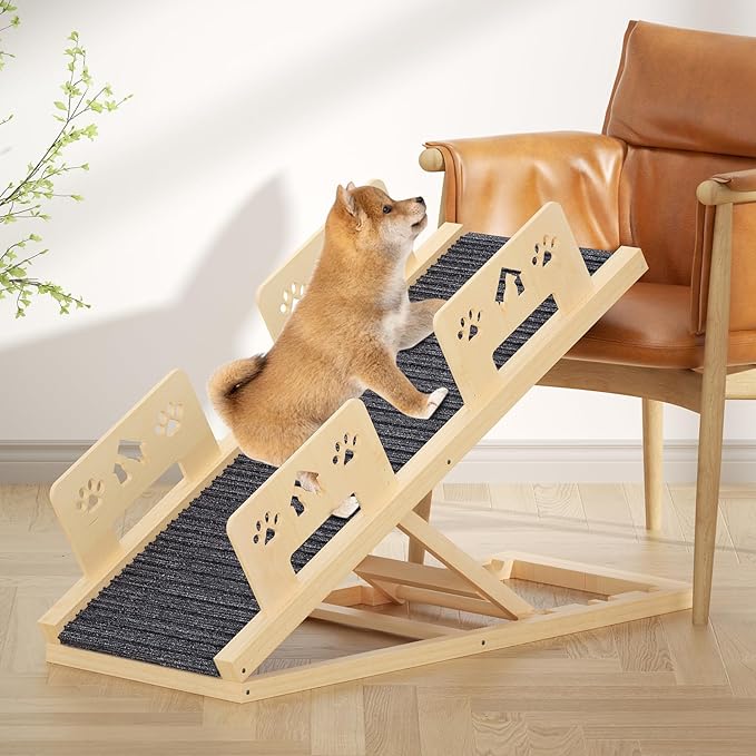 Dog Ramp for Bed 4 Adjustable from 13.8"-22.8" Portable Dog Steps Folding Ramp for Dogs to Get On Bed Wooden Paw Ramps with Anti-Slip Grip & Safety Rails Dog Stairs for High Beds Car Couch