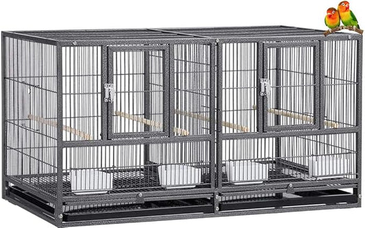 Sturdy Wrought Iron Single Stack Combo Breeding Stacker Center Divided Breeder Bird Flight Double Rolling Cage with Side Breeding Nest Doors by Mcage