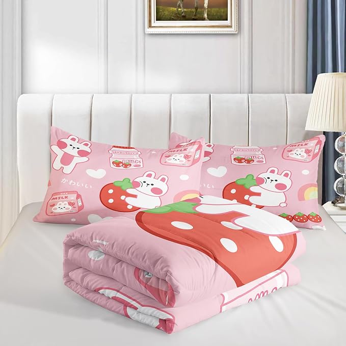 QOOMO Strawberry Rabbit Comforter Set for Kids Teens Girls Women,Pink Bunny Kids Comforter,1 Comforter with 2 Pillowcase, Microfiber 3 Piece Bedding Set,for All Seasons(Pink，Twin Size) - Image 4