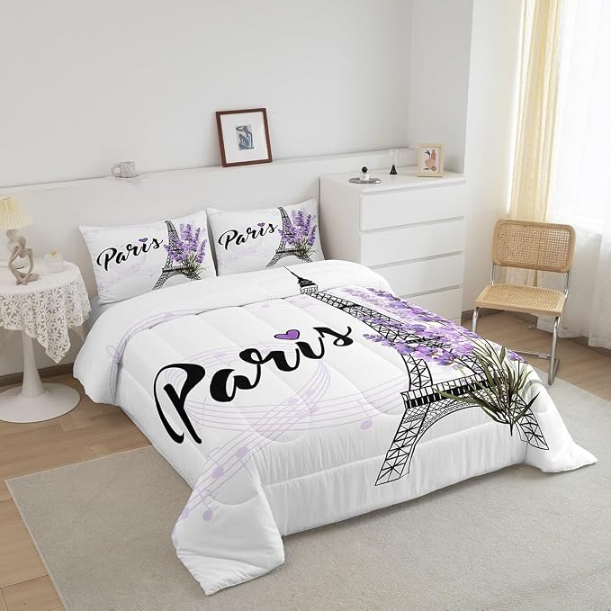 Homewish Eiffel Tower Comforter Set King Size, Purple Lavender Flowers Print Bedding Set, Romantic Paris City Floral Style Decor for Kids Girls Boys Teens, 3pcs Polyester Quilt Duvet Dorm Bedroom, - Image 7