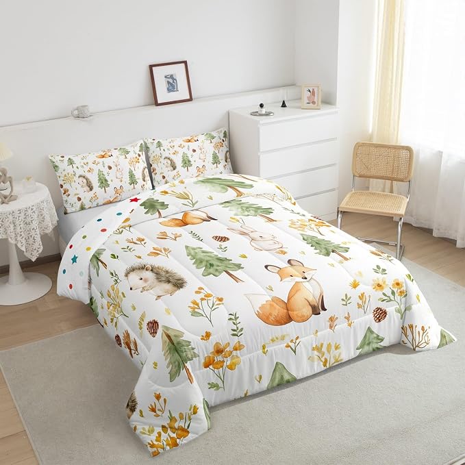 Manfei Cartoon Animals Bedding Set Queen Size,Cute Fox Rabbit Hedgehog Comforter Set Kids Boys Girls Room Decor,Watercolor Flower Tree Pine Cone Quilt Set Soft Duvet Insert 3pcs with 2 Pillowcases - Image 4