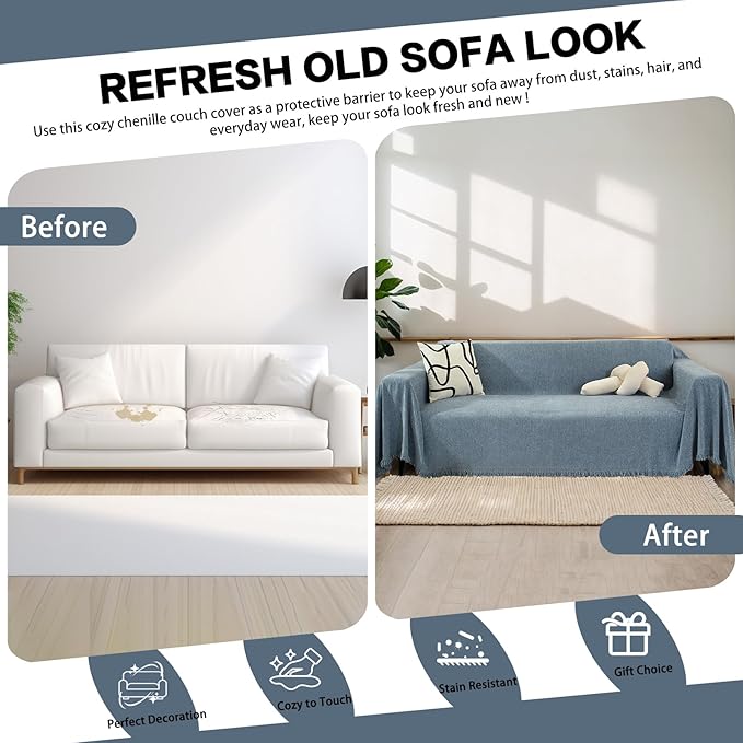 DREAMINGO Modern Minimalism Grayish Blue Couch Cover Sectional Sofa Covers for 3 Cushion Couch Washable Chenille Pet Couch Protector for Dogs Boho Herringbone Sofa Furniture Slipcover, 71"x150" - Image 4