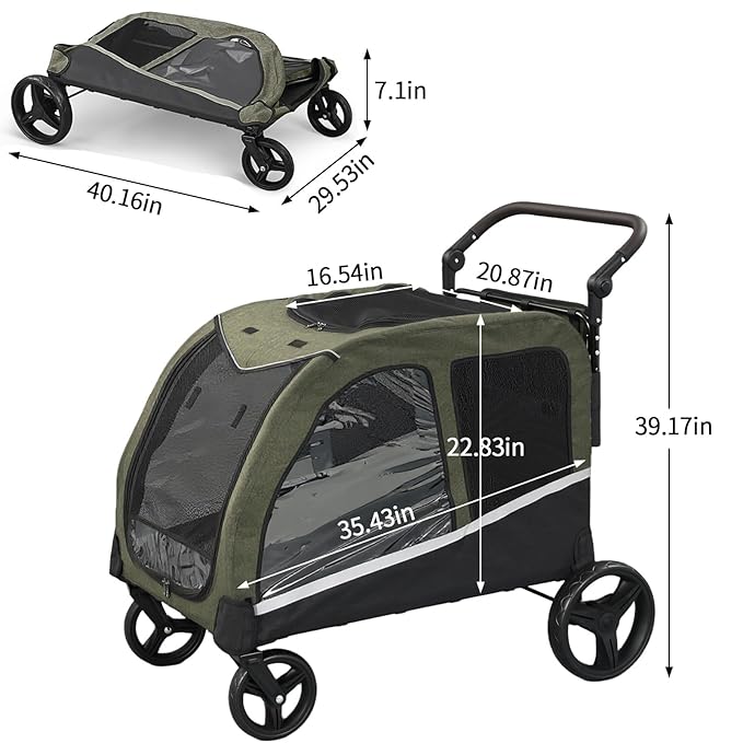 Dog Stroller for Large Dogs, Extra Large Pet Stroller for Medium Dogs, Dog Wagon Carriage, Foldable Design, Adjustable Handle, with Pocket, Up to 160 lbs, Green