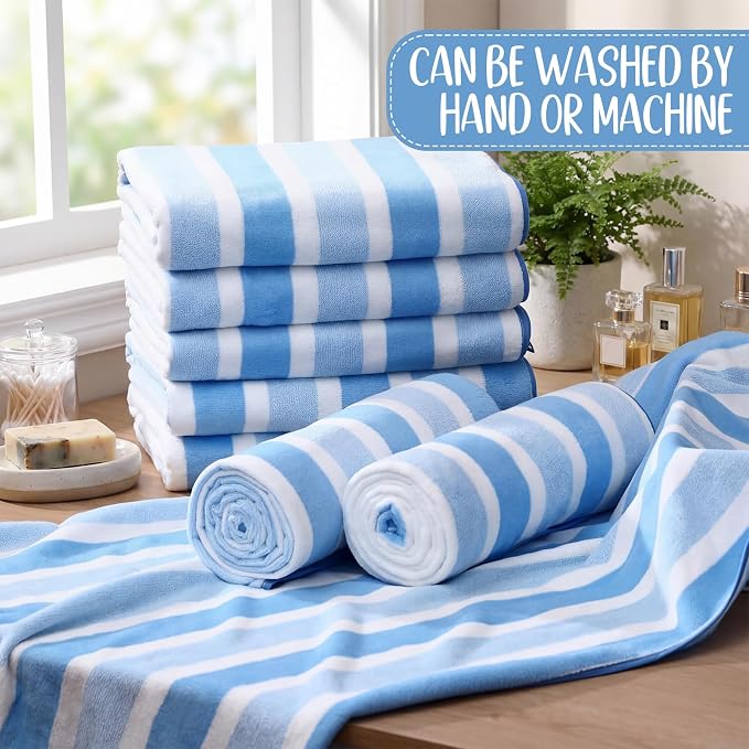 SmoothNovelty 16 Pack Microfiber Bath Towels Bulk 27'' x 60'' Oversized Size Bath Towel Highly Absorbent Extra Large Soft Drying for Beach Shower Summer Salon Sport Gym Party (Wide Stripes,Blue) - Image 4