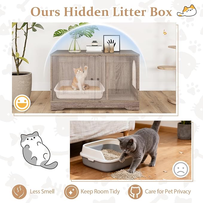 Tangkula Cat Litter Box Enclosure, Wooden Kitty Washroom Cabinet w/Winding Entry & Cat Hole, with Divider, Hidden Double Enclosed Litter Box Furniture for Living Room, Bedroom, Entryway (Grey) - Image 5