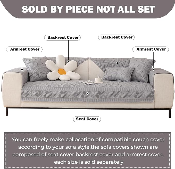 vctops Solid Color Cotton Quilted Sofa Couch Cover Weave Pattern Soft Sectional Couch Covers Embroidery Non-Slip Sofa Slipcover for Dogs, Children, Pets Furniture Protector (Grey,28"x47") - Image 2
