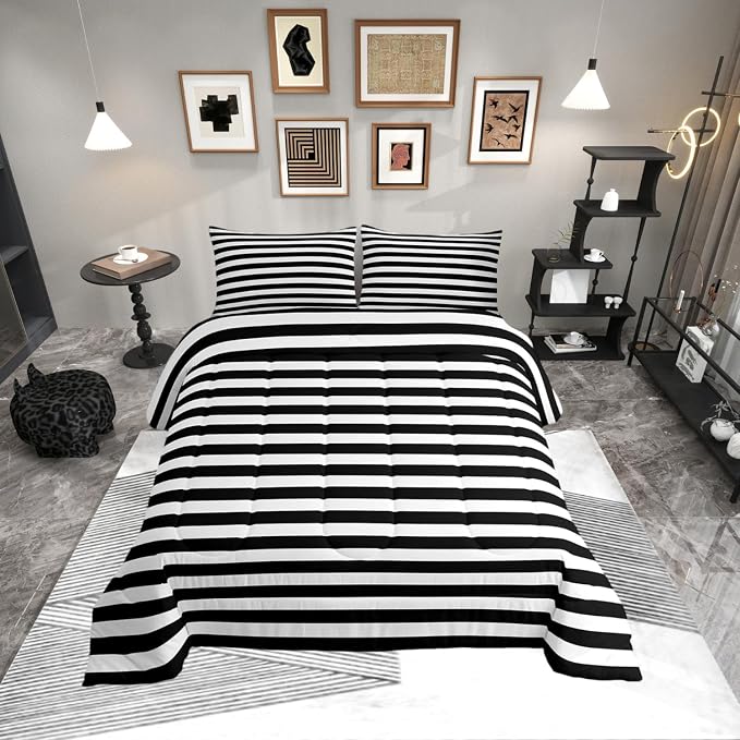 Striped Comforter Set Black and White Stripe Bedding Set King Kids Boys Girls Women Men Farmhouse Ticking Stripes Duvet Set Modern Geometric Lines Adults Abstract Gothic Home Decor Soft Reversible by Erosebridal