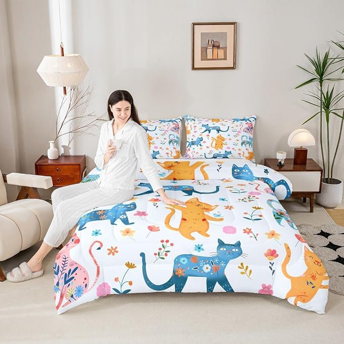 Feelyou Cute Cat Flower Bedding Set Soft for Boys Girls, Cartoon Floral Kawaii Comforter Set Twin Size Funny Cats Animals Duvet Quilt Microfiber Rainbow Printed Bedroom Decor 2 Pcs with 1 Pillow Cases - Image 4