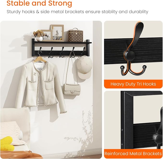 Homode Coat Rack with Shelf, 24" Coat Hooks Wall Mounted with Shelf | Wooden Hanging Coat Hanger with Tri Hooks for Entryway, Bathroom, Mudroom, Bedroom, Black - Image 4