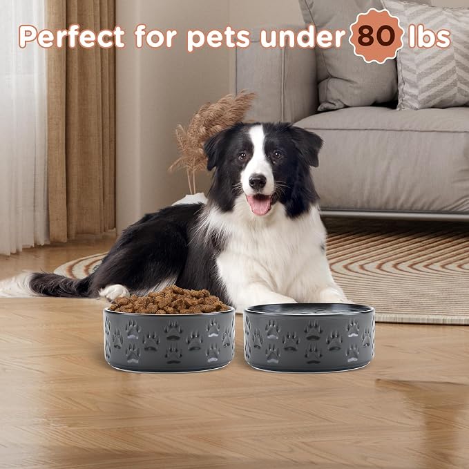 SPUNKYJUNKY Ceramic Dog Bowls 2 Pack, 7.3'' Dog Food Water Double Feeding Bowls Non-Slip for Medium to Large Sized Breed Microwave Dishwasher Safe - 42 OZ, 2pcs, Paw Black - Image 6