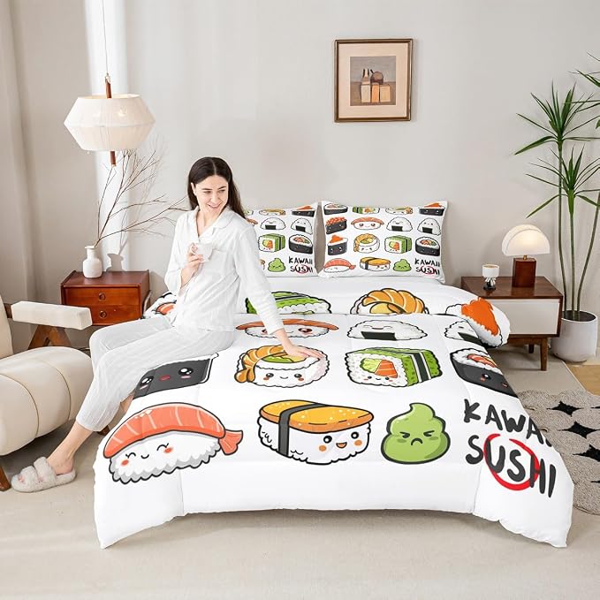 Erosebridal Kawaii Sushi Pattern Comforter Set King, Japanese Style Down Comforter, Food Theme Quilted Duvet for Kids Boys Girls Teens, Cute Cartoon Japanese Sushi Quilt Set Room Decorative - Image 4