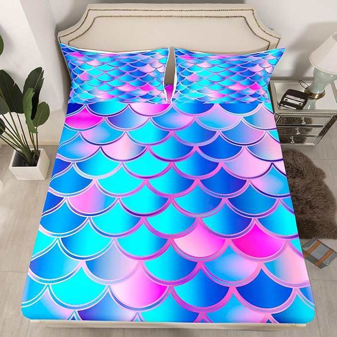 Mermaid Scale Bed Sheet Set Fish Scales Bedding Sea Underwater World Sheet Set for Kids Girls Ocean Marine Theme Fanstry Bedroom Decor Dreamy Bedding Set,Fitted Sheet & Flat Sheet & 1 Pillowcase,Twin - Image 2