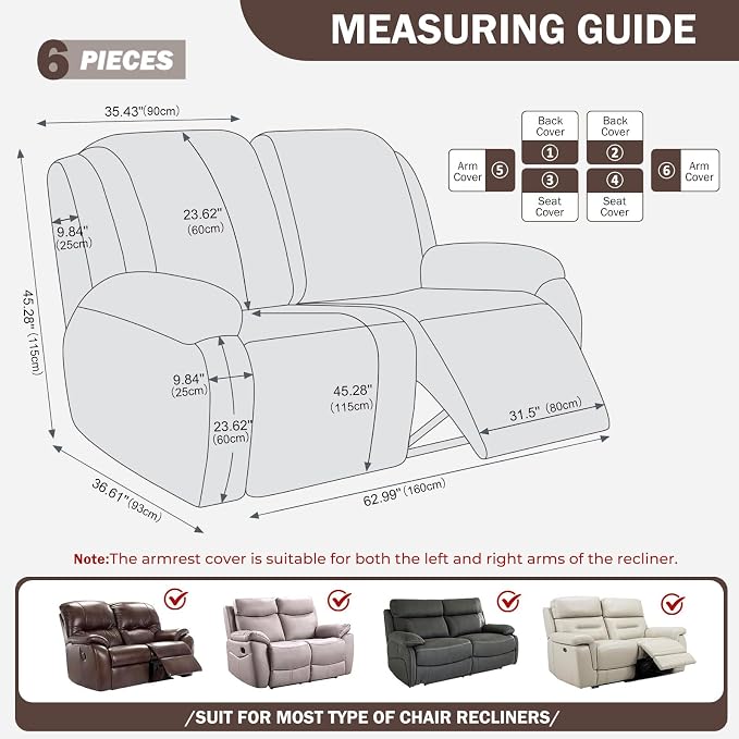 vctops Diamond Recliner Loveseat Slipcover 6-Pieces Stretch Dual Recliner Sofa Covers for 2 Seat Dual Reclining Loveseat Couch Soft Solid Furniture Protector (Dark Coffee,2 Seat) - Image 2