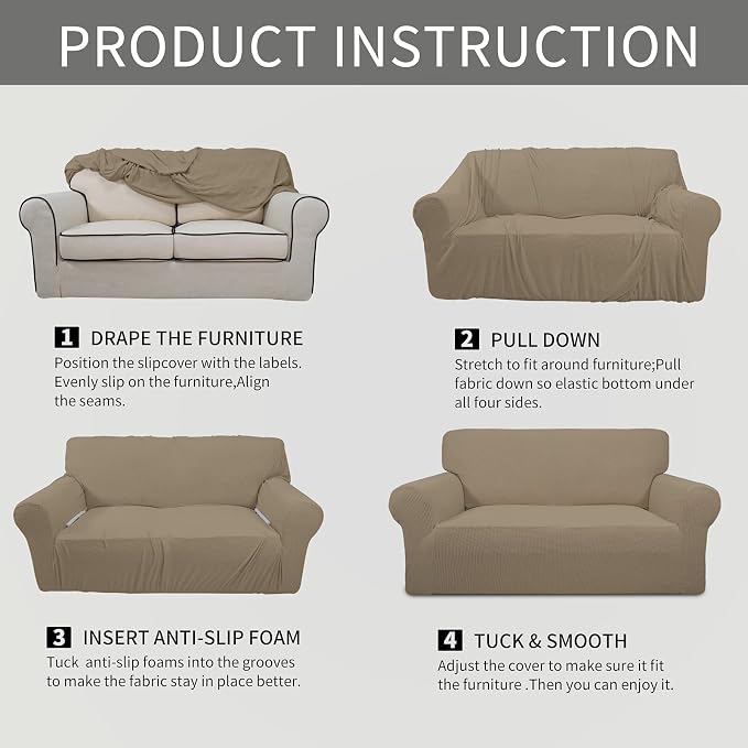 Easy-Going Stretch Loveseat Couch Covers Washable Natural | 1-Piece Loveseat Covers for 2 Cushion Couch Furniture Protector RV Sofa Slipcover Soft with Bottom for Kids Pets - Image 3