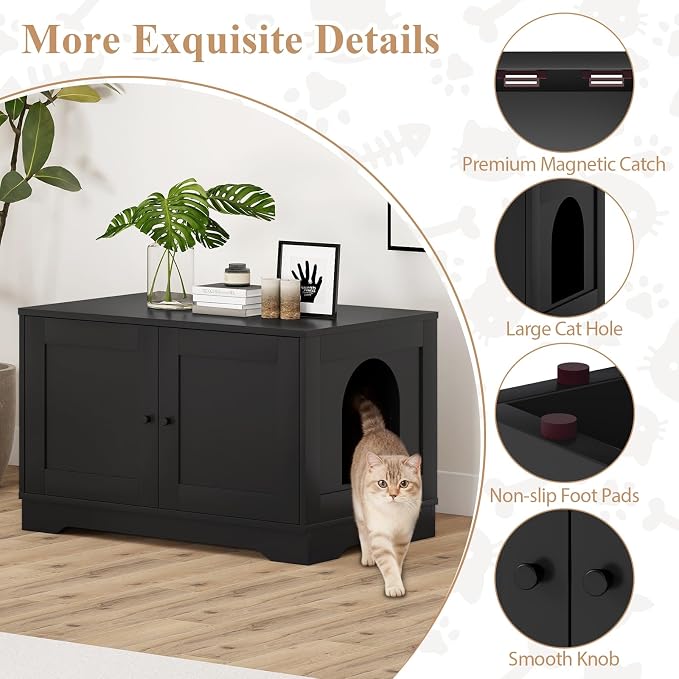 Tangkula Cat Litter Box Enclosure, Wooden Kitty Washroom Cabinet w/Winding Entry & Cat Hole, with Divider, Hidden Double Enclosed Litter Box Furniture for Living Room, Bedroom, Entryway (Black) - Image 7