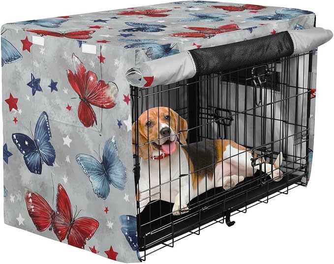 Dog Crate Cover Kennel Cover for Dog Cages Breathable for Wire Cage Indoor Outdoor Grey Patriotic Butterflies Stars - Image 2