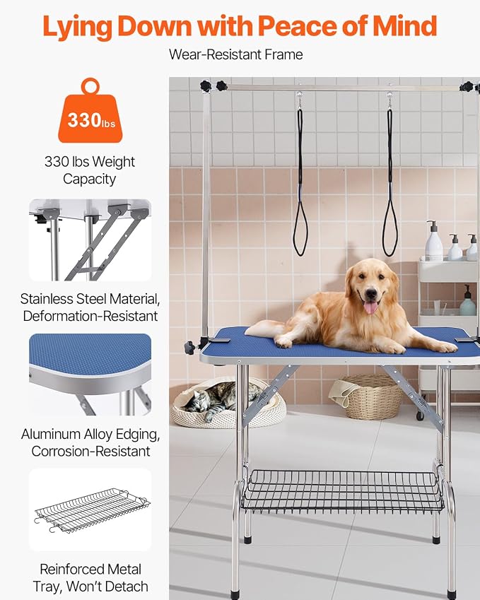VEVOR Pet Grooming Table, 36 x 24 Inch with 2 Height Adjustable Arms, 330LBS Static Weight Capacity, Foldable Dog Groom Station with No-Sit Haunch Holder with Grooming Loop, for Medium and Small Dogs - Image 2