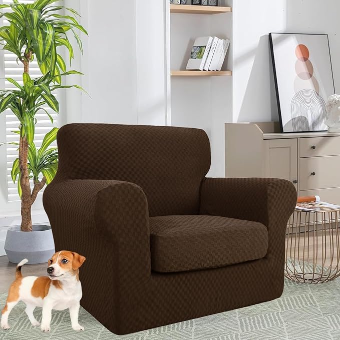 YEMYHOM Latest Checkered 2 Pieces Chair Covers for Living Room High Stretch Thickened Chair Slipcovers with Arms Anti Slip Elastic Armchair Sofa Couch Protector (Dark Coffee), 31"-46"(1 Cushion) - Image 2