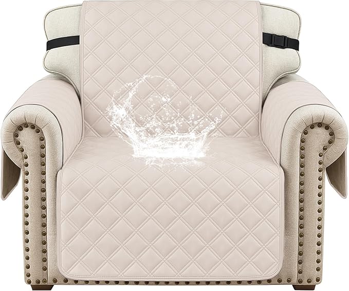 Waterproof Chair Covers for Living Room, Sofa Covers for Pets Washable with Side Pockets, Non Slip Couch Covers for Dogs, Quilted Dog Couch Cover with Elastic Straps (Armchair, Beige) by CYCMACOHOME