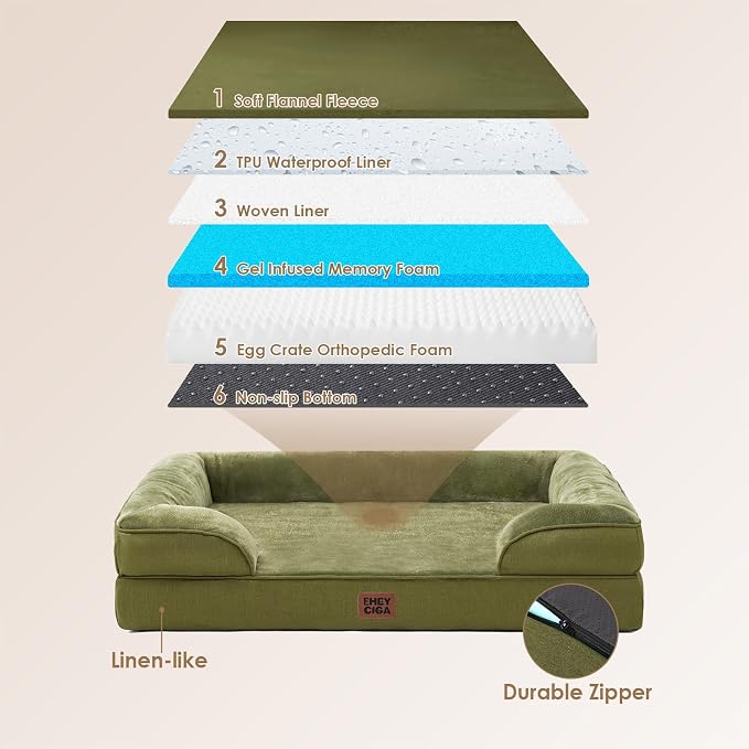 EHEYCIGA Orthopedic Dog Bed Medium Size Dog, Waterproof Washable Pet Beds | Non-Slip Bottom and Egg-Crate Memory Foam Dog Couch Bed with Washable Removable Cover, Olive Green - Image 5