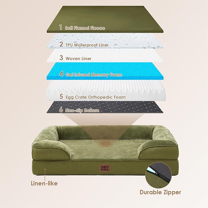EHEYCIGA Orthopedic Dog Beds Large Sized Dog, Waterproof Washable Pet Bed | Non-Slip Bottom and Egg-Crate Memory Foam XL Dog Couch Bed with Washable Removable Cover, Olive Green - Image 5