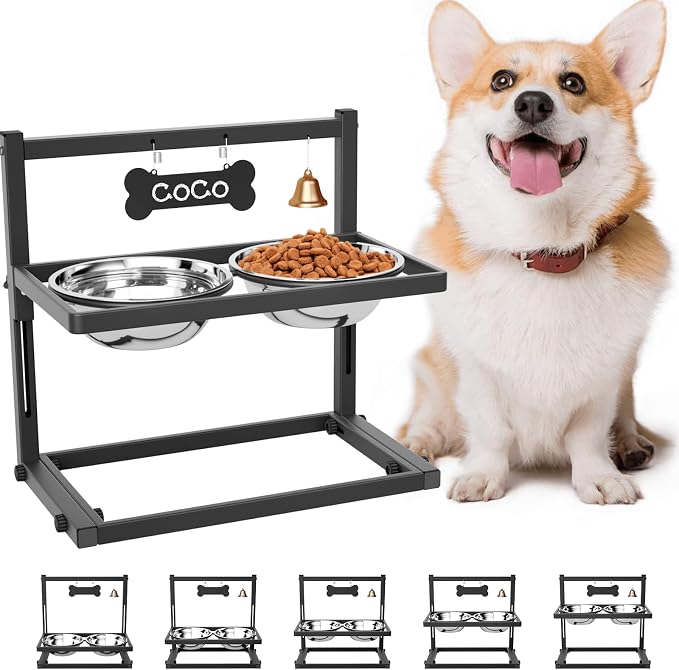 Elevated Dog Bowls for Medium and Small Dogs, 5 Height Adjustable & 2 Stainless Steel Bowls 800ml/27oz, Raised Food Dog Water Stand by TIDANT