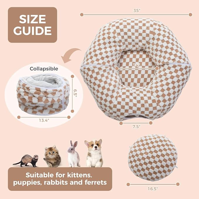 PEQULTI Cat Tunnel with Cat Bed for Indoor Cats, Cat Play Donut Tunnel with Washable Soft Plush Mat, Round Tunnel Toys Cute Tube for Kittens, Puppies, Rabbits and Ferrets, Brown - Image 2