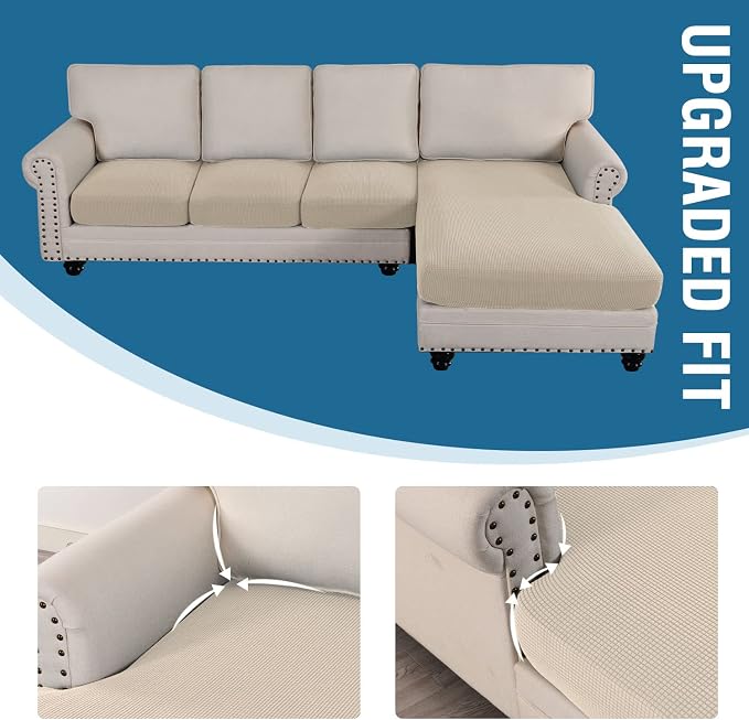 H.VERSAILTEX Sectional Couch Covers 4 Pieces Sofa Seat Cushion Covers L Shape Separate Cushion Couch Chaise Cover for Both Left/Right Sectional Couch (Seat Only: 1 Chaise + 3 Sofa, Natural) - Image 7