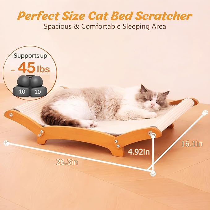 Sisal Cat Scratcher Bed for Indoor Cats, Extra-Larger Cat Scratching Board, Lounger & Play & Scratch, Cat Scratch Pad for Bored Kittens and Adult Cats, with Sturdy Solid Wood Frame, Beige - Image 2