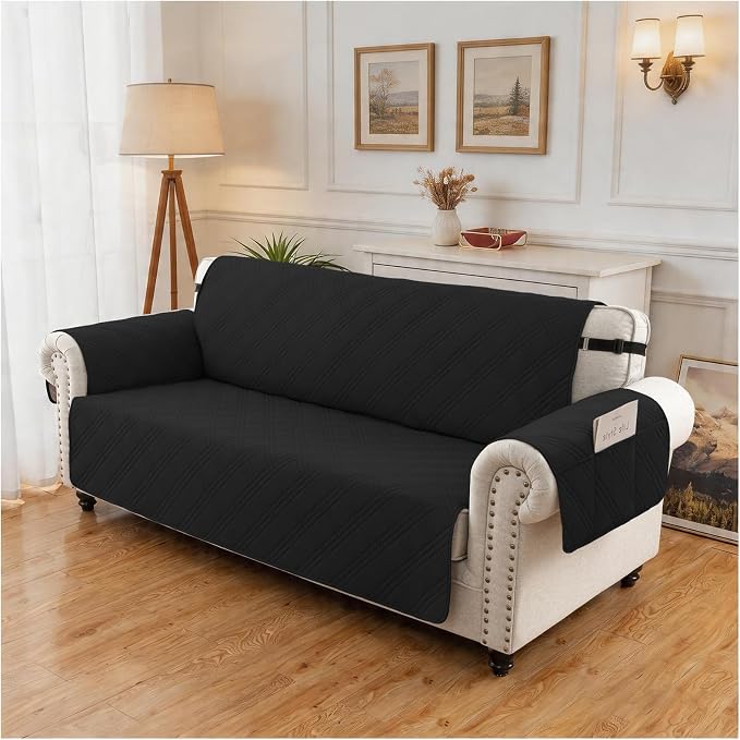 100% Waterproof Couch Cover for Dogs, Washable Anti-Slip Sofa Cover with Elastic Straps & Side Pockets, Quilted Furniture Protector for Kids & Pets (3 Cushion 68", Black) - Image 8