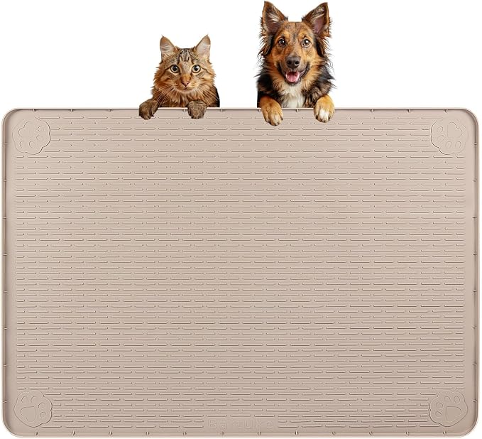 Dog Food Mat 34''x22'' Extra Large Dog Mat for Food and Water, Khaki | Silicone Dog Bowl Mat with Raised Edge, Waterproof Non-Slip Pet Feeding Mat for Floors, fit for Dog Cat Bowls by Bartuke