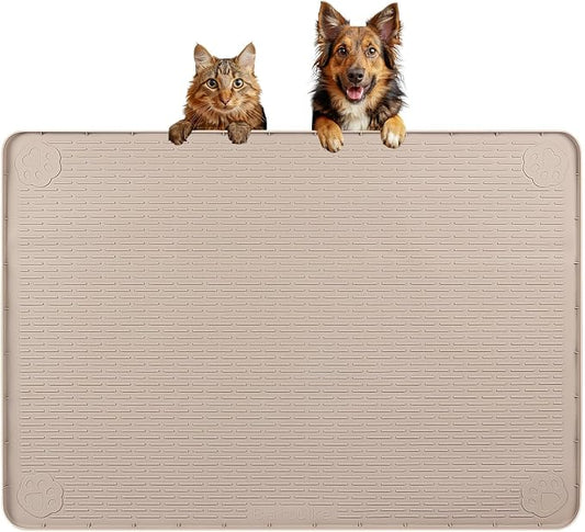 Dog Food Mat 34''x22'' Extra Large Dog Mat for Food and Water, Khaki | Silicone Dog Bowl Mat with Raised Edge, Waterproof Non-Slip Pet Feeding Mat for Floors, fit for Dog Cat Bowls by Bartuke