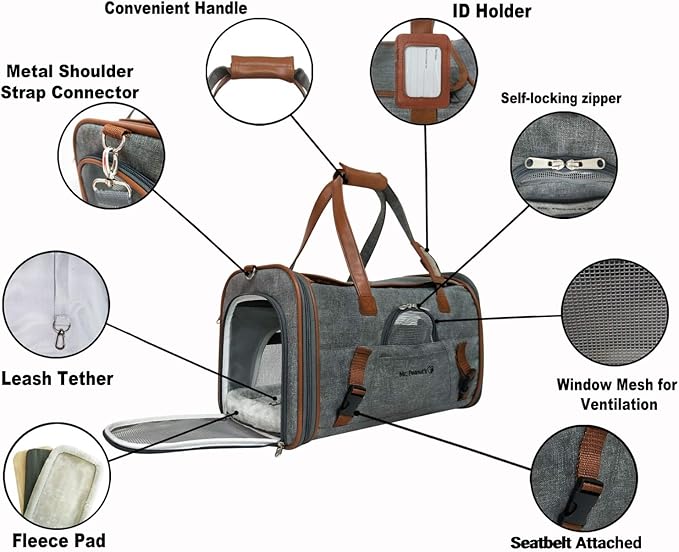 Mr. Peanut's Airline Approved Soft Sided Pet Carrier, Low Profile Gold Series Tote, Premium Brand Self Locking Zippers, Under Seat Compatibility, Plush Faux Fleece Bedding with a Sturdy Plywood Base