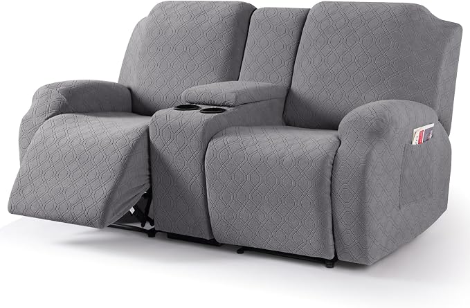 VANSOFY Recliner Loveseat Cover with Middle Console Stretch Reclining Sofa Slipcover for 2 Seat Jacquard Reclining Couch Sofa Covers Furniture Protector with Elastic Straps Bottom (Light Gray) | 4-Pieces, Soft Furniture Protector, Washable Slipcover wi... by VANSOFYFURNITURECOVERS