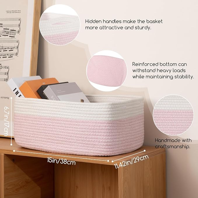 OIASKET Storage Baskets for Organizing 3 Pack, Woven Baskets for Shelves, | Closet Organizer Bins with Handle, Empty Gift Basket, Toy Storage for Toys, Blankets, Towels, Clothes, Books, 15"x11.42"x6.7" - Image 2