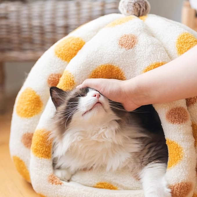 Cat Polka Dot Bed Cave, Warm Enclosed Hideaway for Kitten (Blue,Large) | Yurt-inspired semi-open den, Soft comfy interior, Spotted pattern, Winter nap spot, Small apartment pet furniture - Image 2