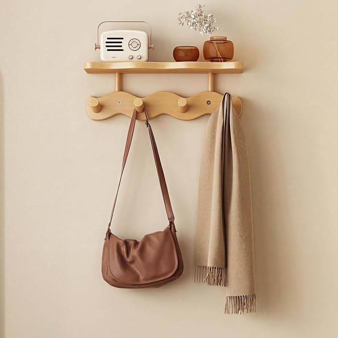 Wave-Shaped Bamboo Coat Rack Wall Mount with Shelf - Modern 4-Hook Rack | Modern Sculptural Wave Decor, Organic Wood Wall Mounted Rack with Storage Shelf, Heavy-Duty Hanging for Entryway & Bedroom - Image 7
