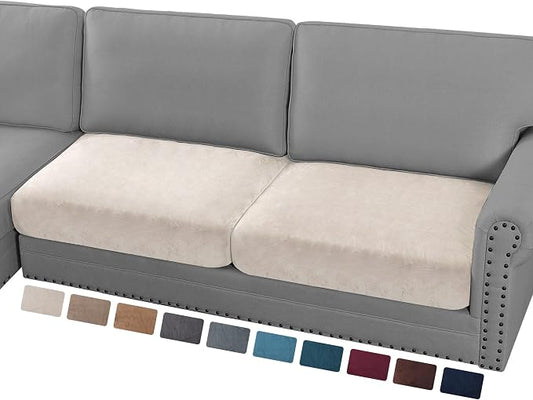 PrinceDeco Velvet Couch Cushion Cover Soft Stretch Cushion Slipcover for Chair Loveseat Sofa Cushion Furniture Protector Seat Cushion Sofa Cover (2 Piece Large Sofa Cushion Covers, Ivory) by PrinceDeco
