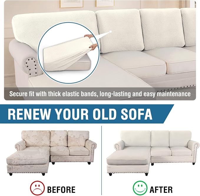 H.VERSAILTEX Backrest Cushion Covers Sectional Couch Back Cushion Covers for Sectional Sofa Set for Both Left/Right Couch (Back Only: 1 Chaise + 2 Sofa, Ivory) - Image 5